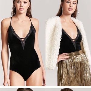Forever 21 black velvet plunging v neck bodysuit - M